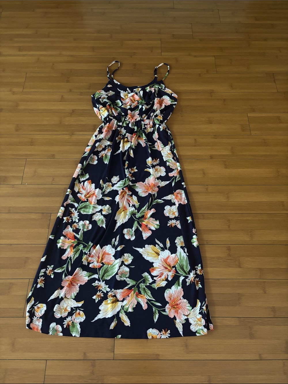 Navy Floral Maxi Dress with Adjustable Spaghetti Straps